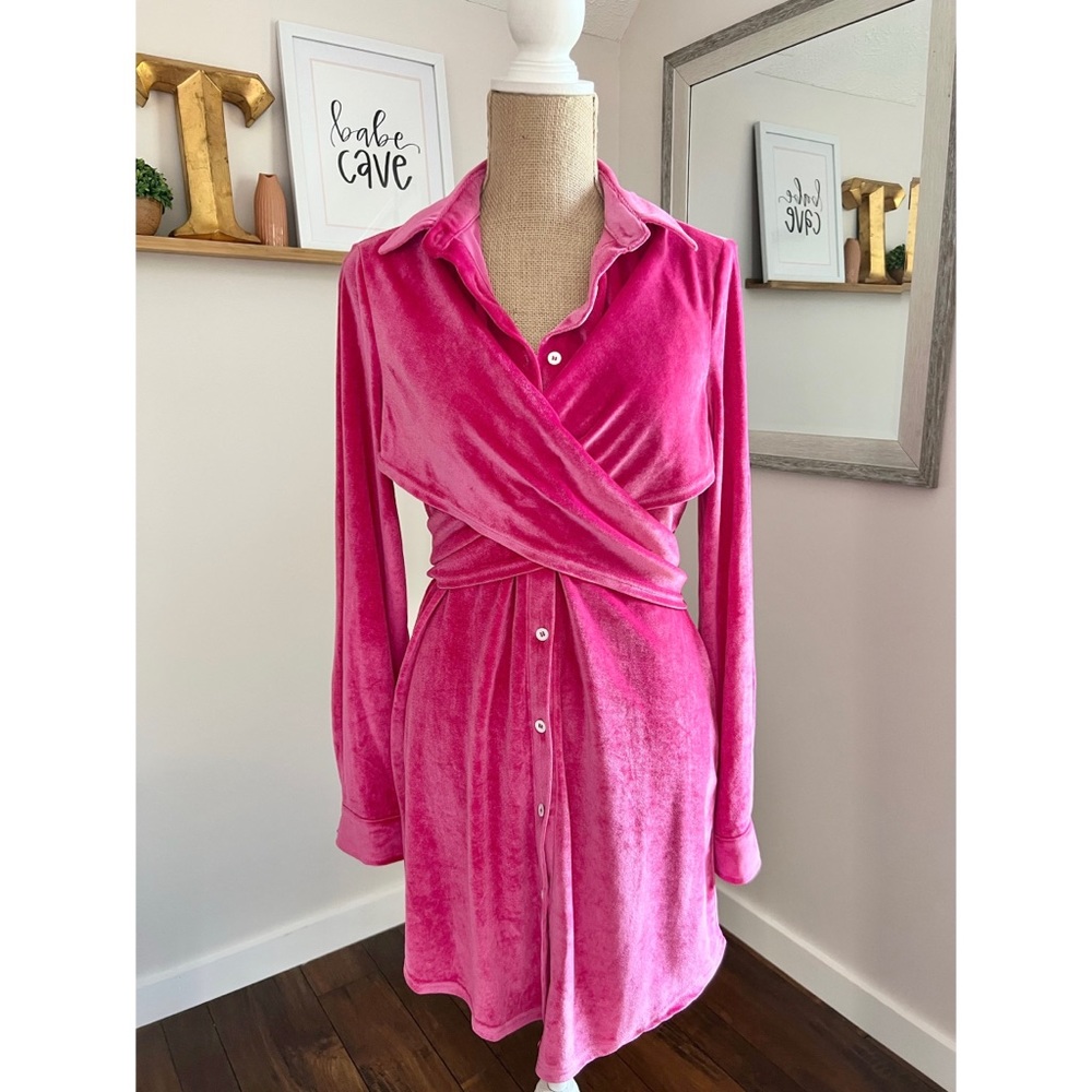 Pink Velour Button Down Wrap Shirt Long Sleeve Cocktail Dress
